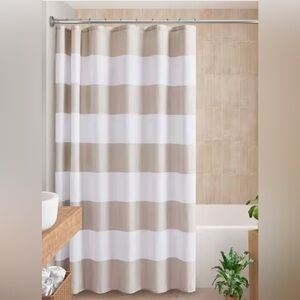 Polyester Shower Curtain Plus Hooks Set in White/Oatmeal